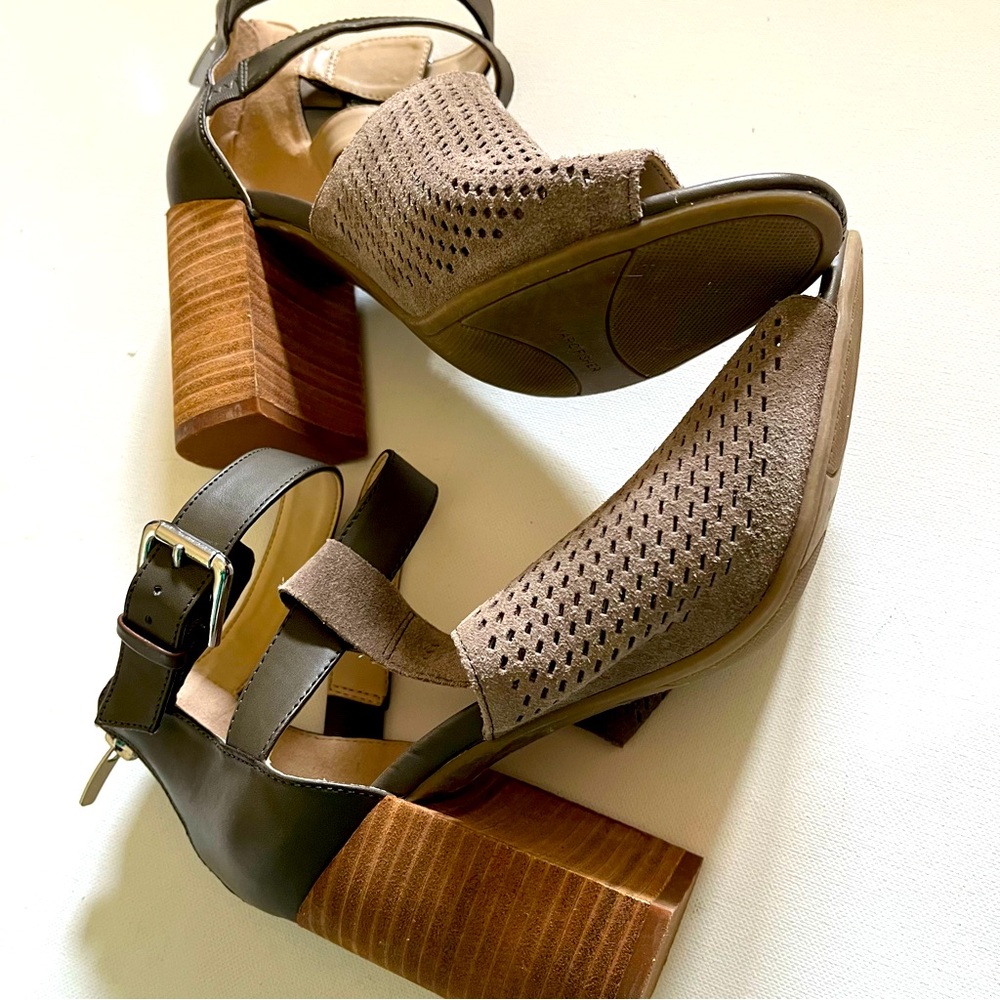 Marc Fisher Taupe Leather Laser Cut Gabbie Block Heel size 9